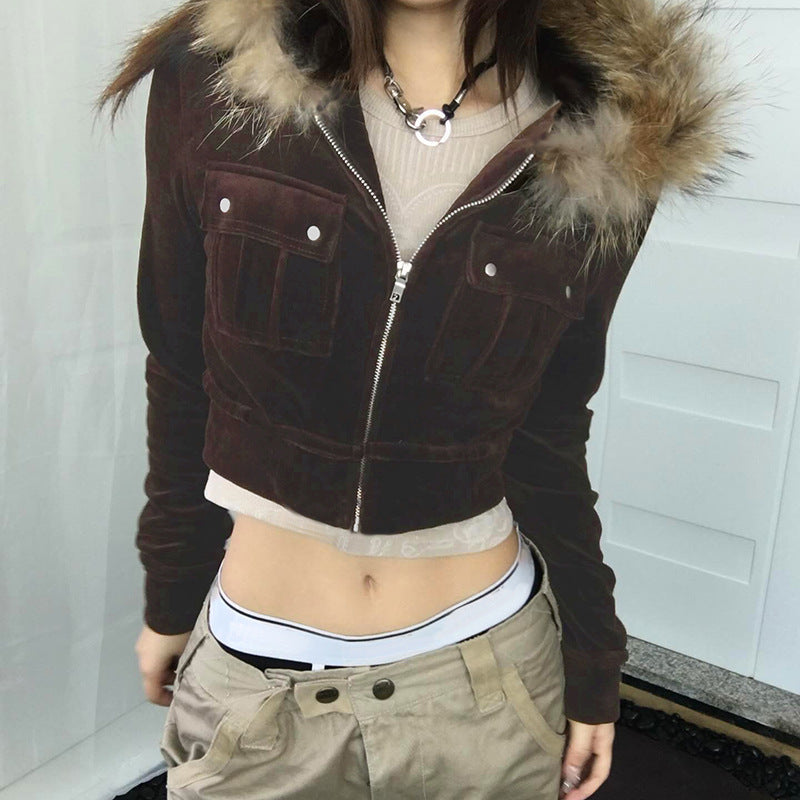 Women's Fur Stitching Hooded Letters Embroidered Short Jacket