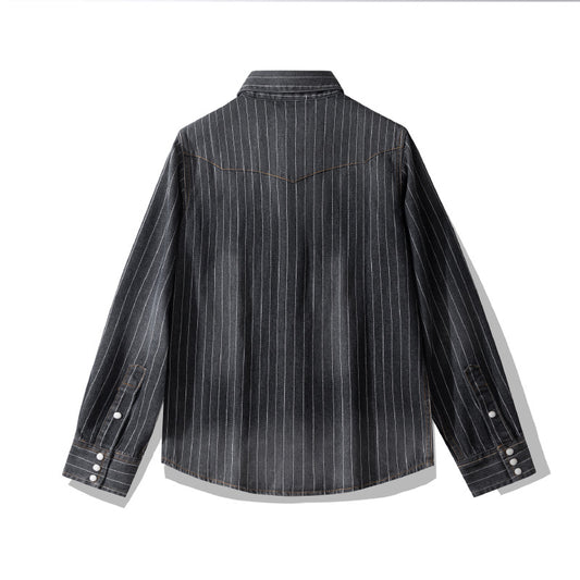 Retro Distressed Striped Denim Shirt