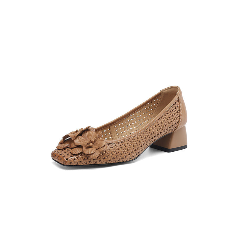 Authentic Leather Weave Cool Pumps Hollow Pumps Large Size Women's Shoes