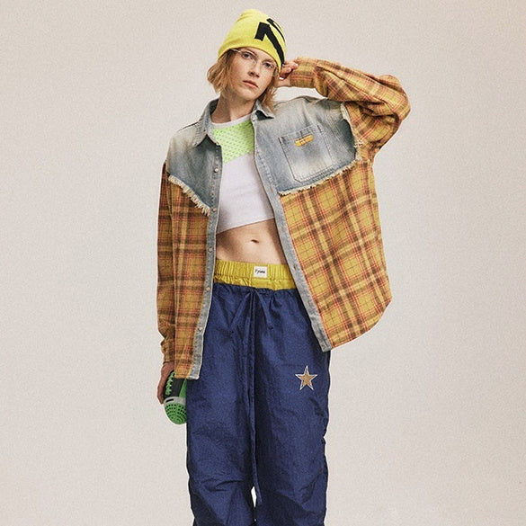 American Retro Loose Stitching Plaid Long Sleeve Shirt