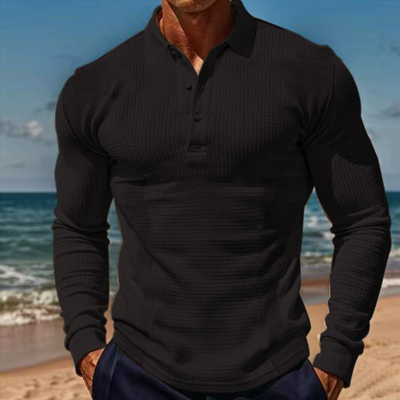 Lapel Button Long Sleeve Vacation Casual T-shirt