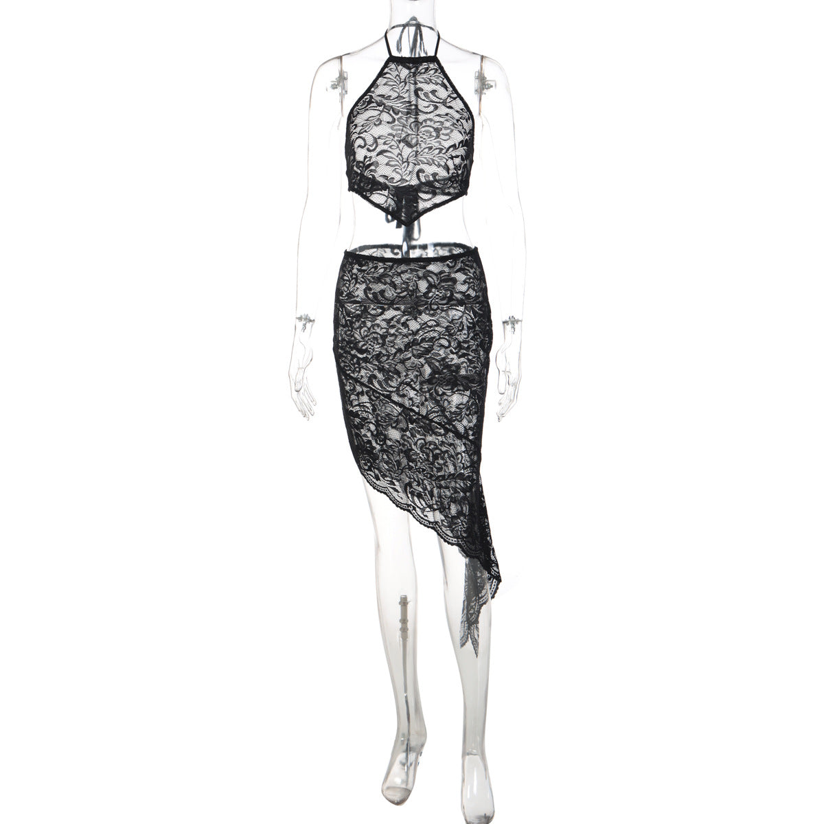 Sexy Lace Halter Neck Backless Bandage Slit Skirt Set