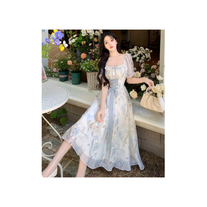 Elegant Floral Lace-Up Waist Dress For Women