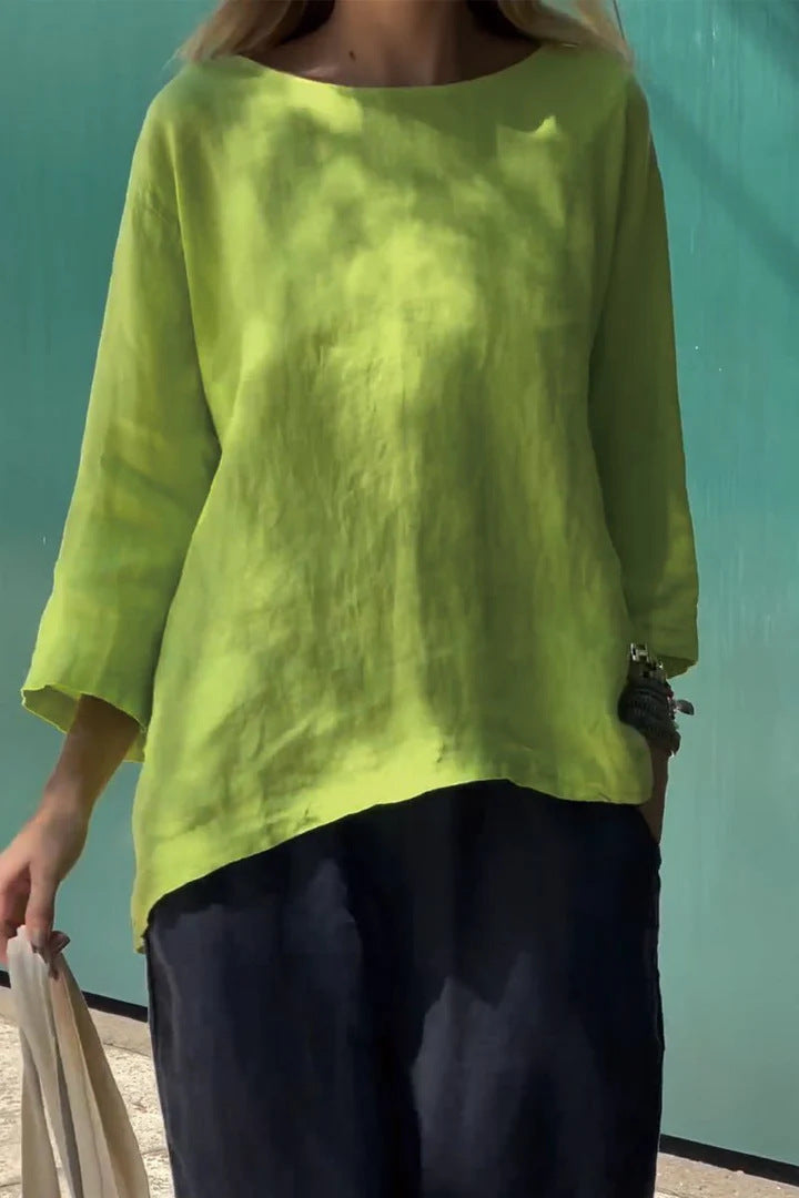 Women's Loose Linen Cotton Round Neck Long Sleeve Shirt