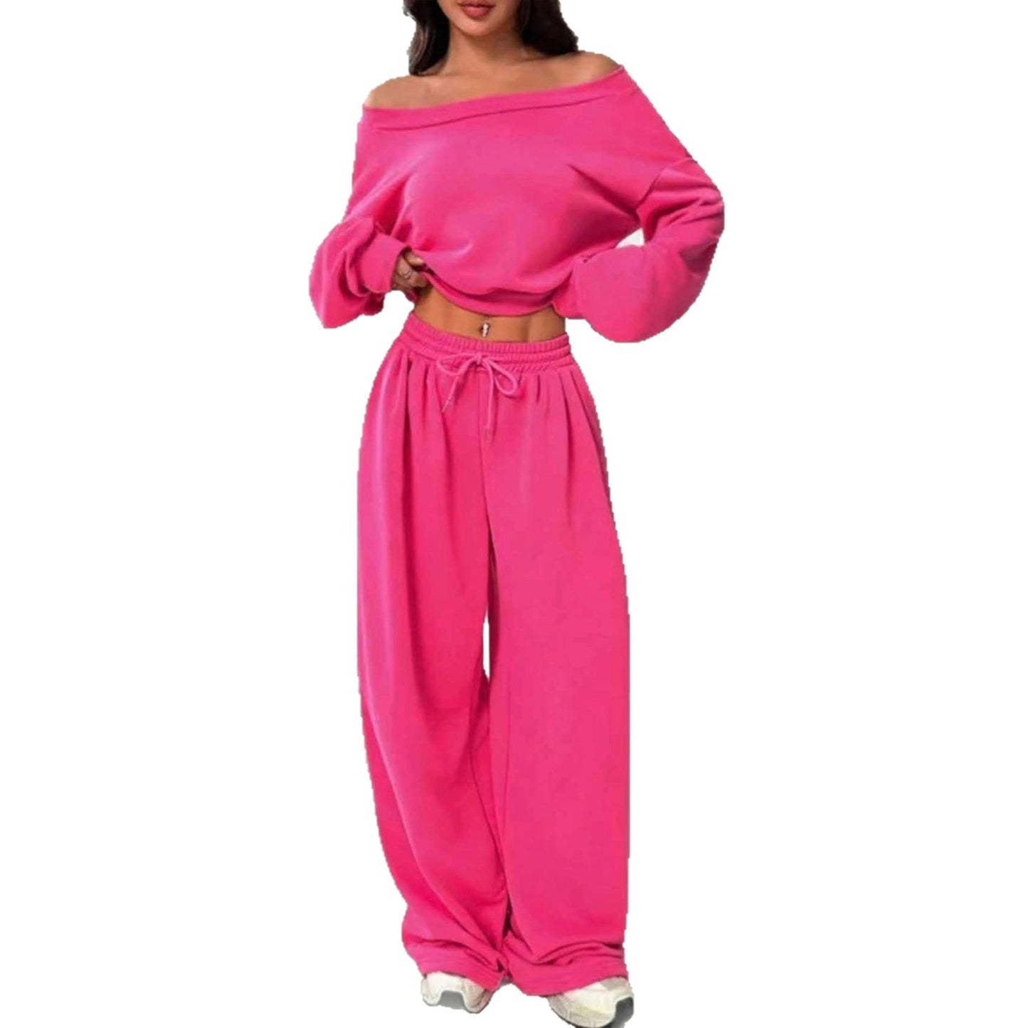 Figursyet off-shoulder croptop med afslappede bukser sæt