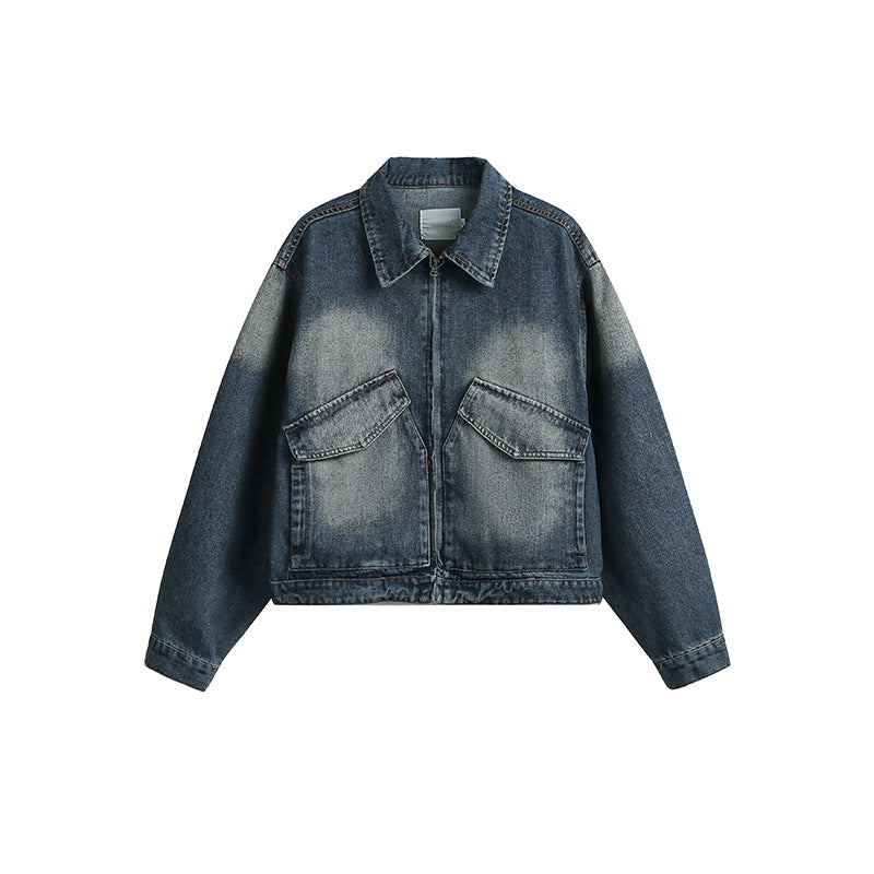 Three-dimensional Pocket Decoration Polo Collar Jacket Japanese-style Retro Washed Denim Jacket