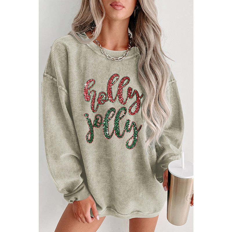 Round-neck Pullover Sequined Printed Loose Long Sleeves Top For Women