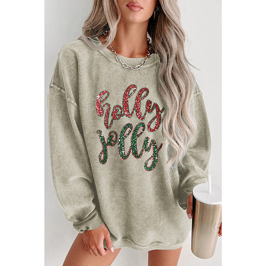 Rundhalset pullover med pailletter, print og løse lange ærmer til kvinder