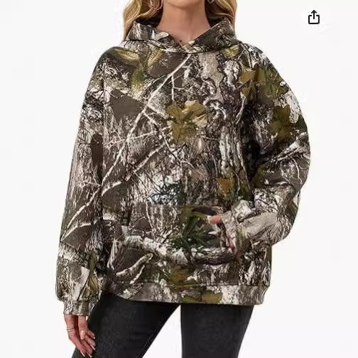 Camo uldhættetrøje til kvinder med lange ærmer, sænkede skuldre, oversized