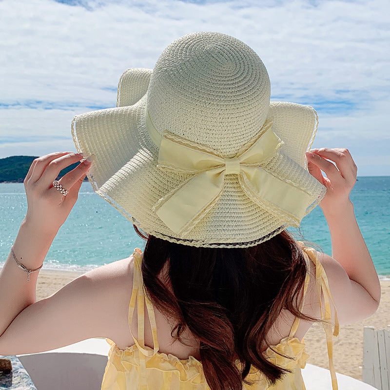 Lace Straw Hat With Wavy Big Brim Bow