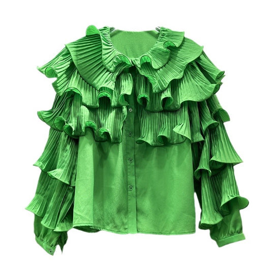 Korean Style Light Luxury Socialite Bubble Sleeve Ruffled Loose Chic Design Adult Lady Like Woman Temperament Top