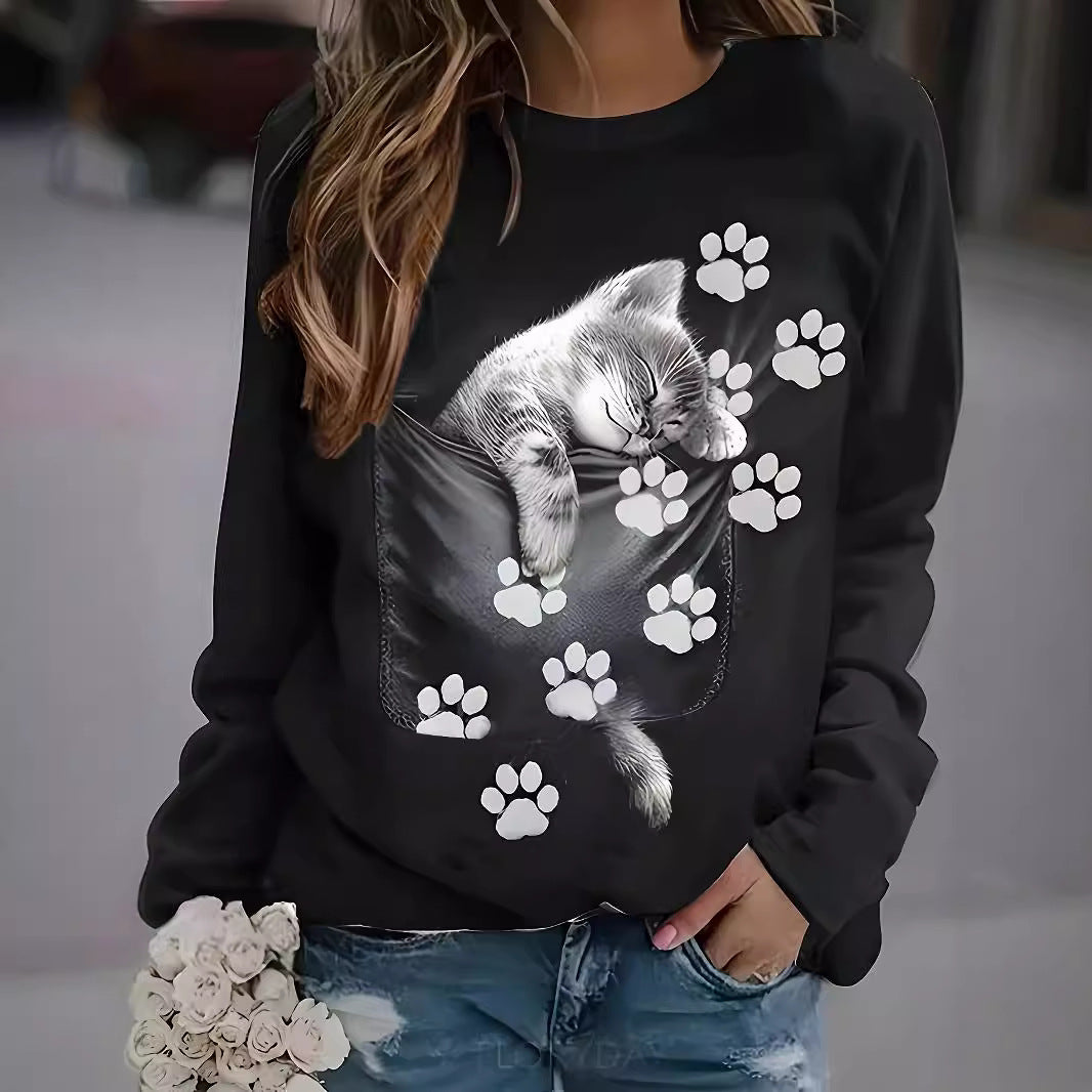 Trykt rundhals langærmet afslappet sweatshirt i plus size