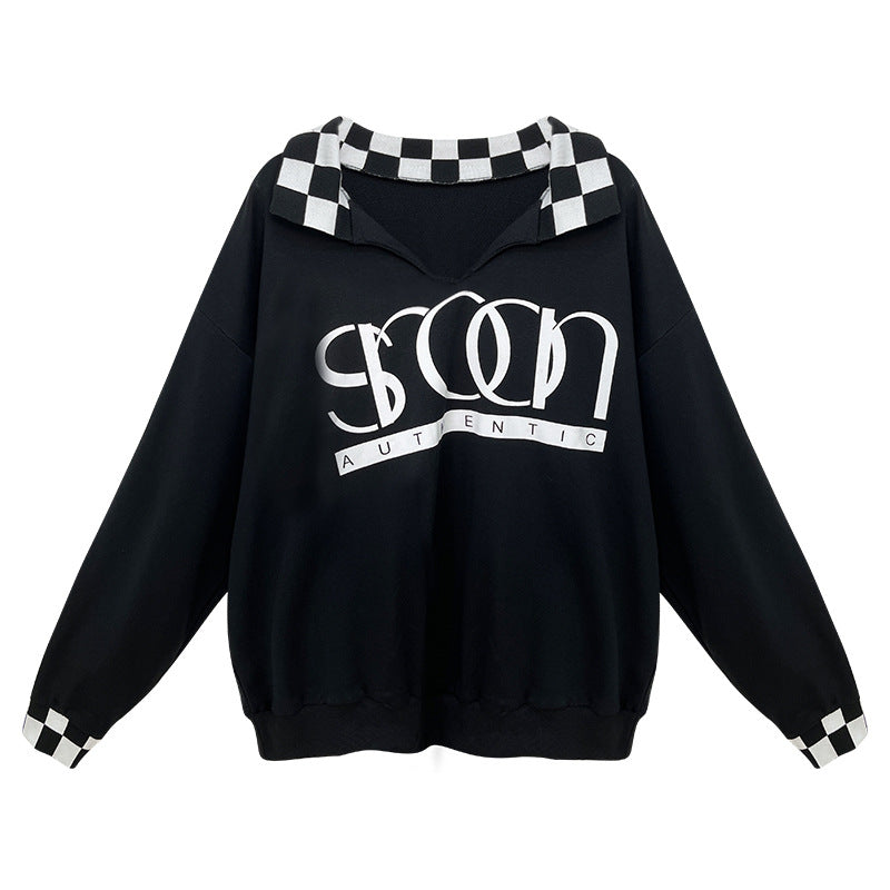 Letter Checker Lapel Pullover Sweatshirt