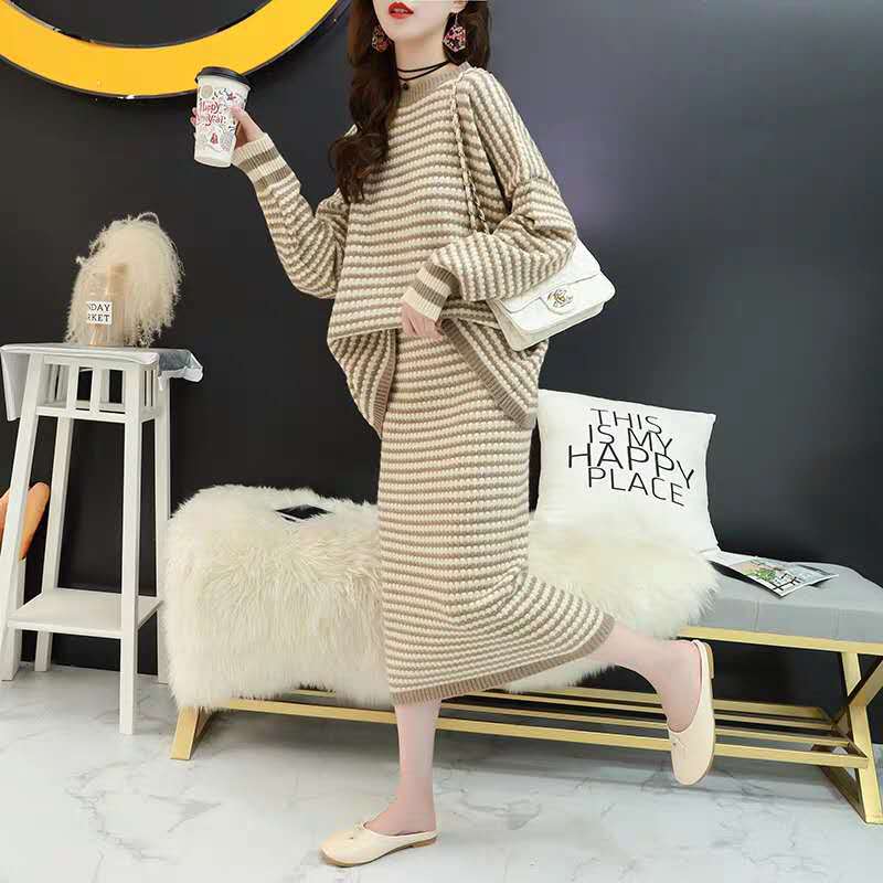 New Autumn Knitwear For Women Loose Western-Style Thickened Skirt And Pullover Sweater Set