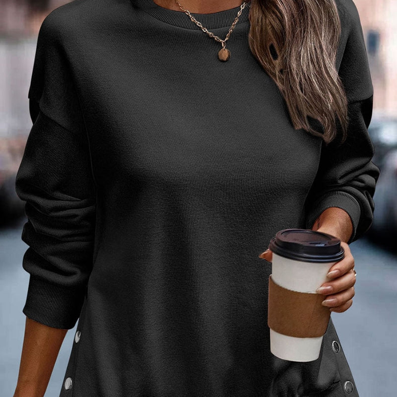 Solid Color Pullover Women's European And American Leisure Style Slit Loose Flab Hiding Long Sleeve Bathroom