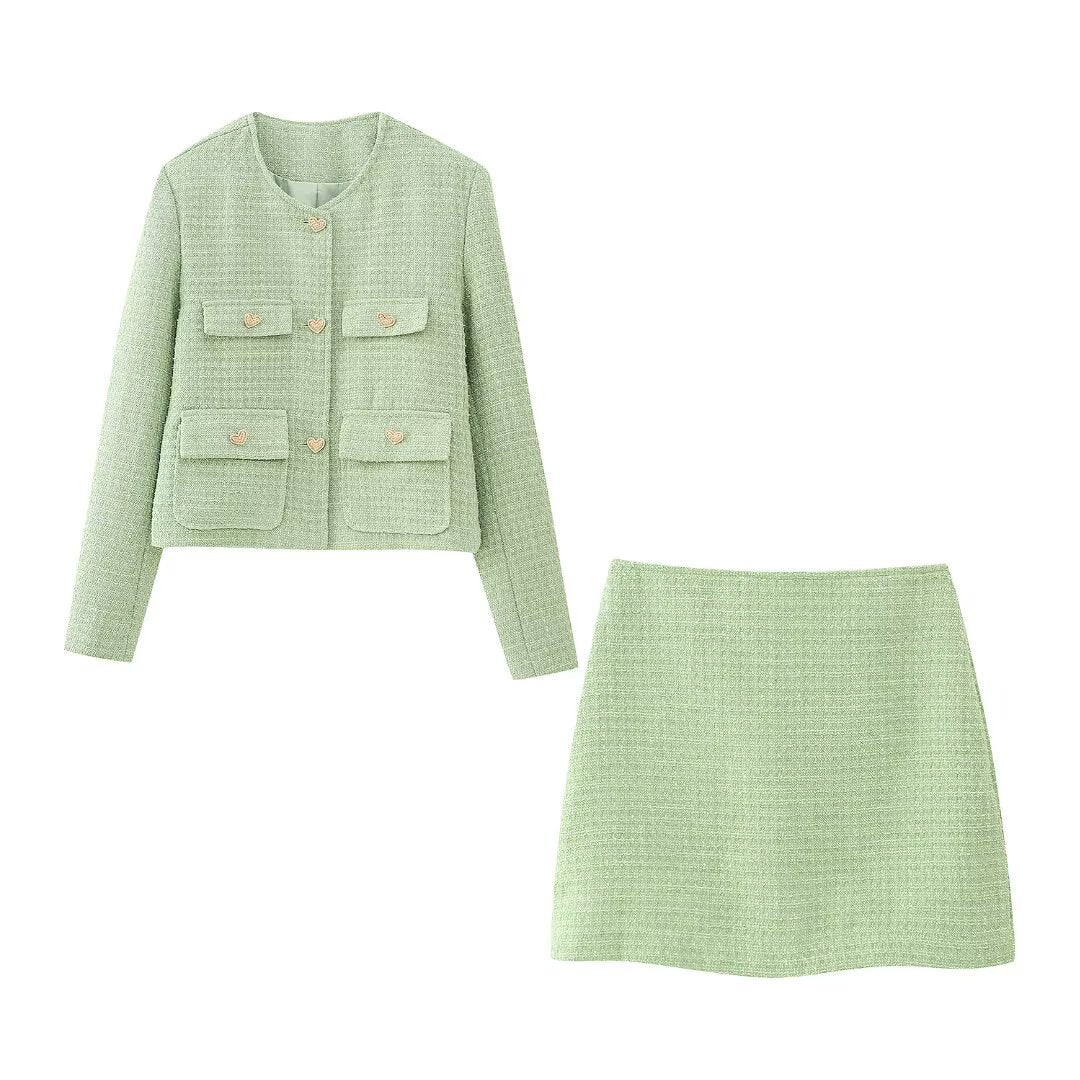 New European And American-style Chic Wool Coat With Heart-shaped Button Detailing Wool Mini Skirt