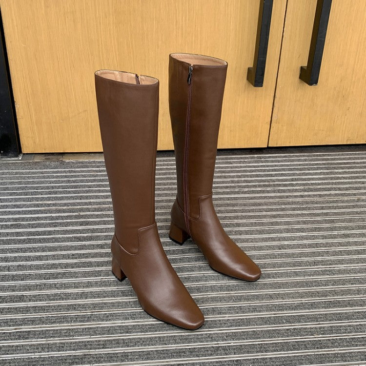 Block Heel Square Toe Side Zipper Boots Cowhide Mid-heel