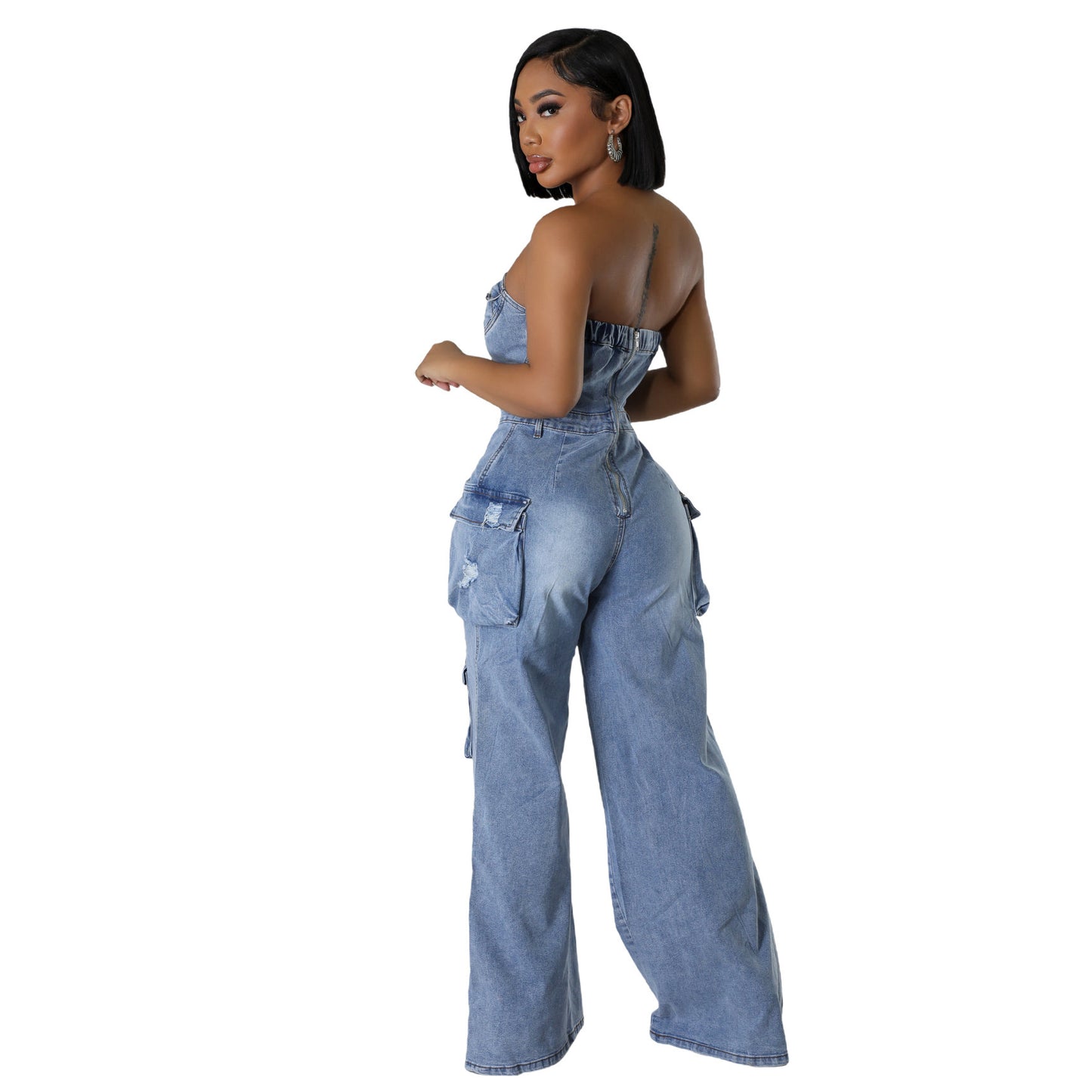 Dame Slim Fit Rygløs Stræk Flared Ærmeløs Denim Jumpsuit