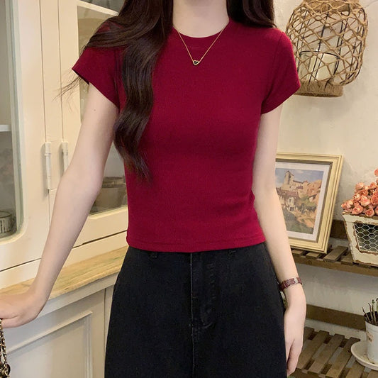 Red Retro American Short-sleeved Women's Top That Brightens The Complexion
