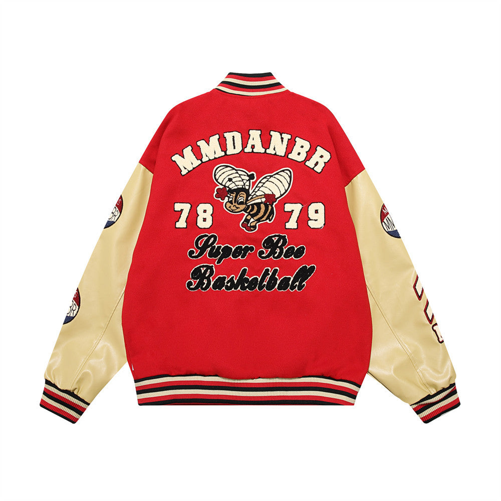 Machine Embroidery Letter Bee Loose Jacket Coat