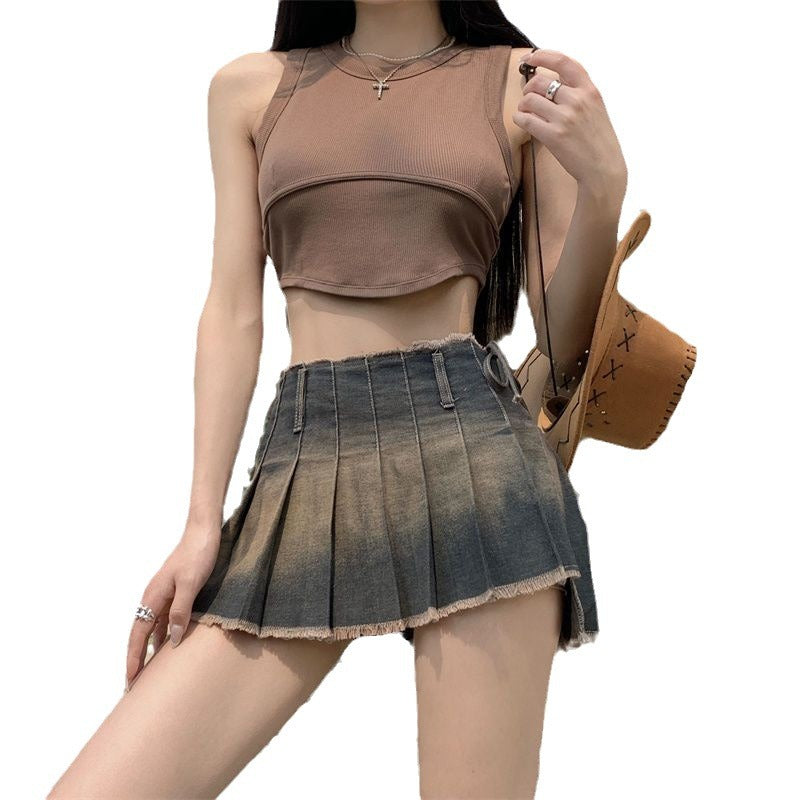 One-piece Denim Skirt Sexy Slim Fit Slimming Small Street Pleated Skirt