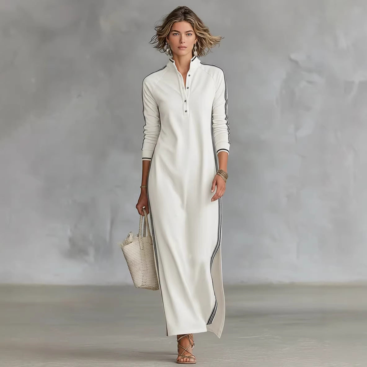 Womens Minimalist White-Bordered Buttoned Stand-Collar Sweater Dress