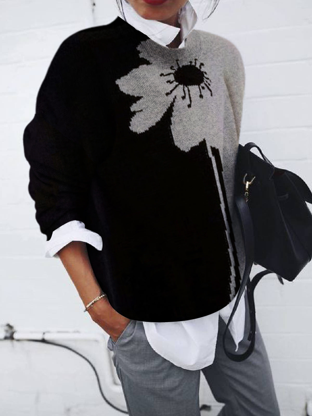Dame sweatshirt med børstet geometrisk print, løst snit og lange ærmer