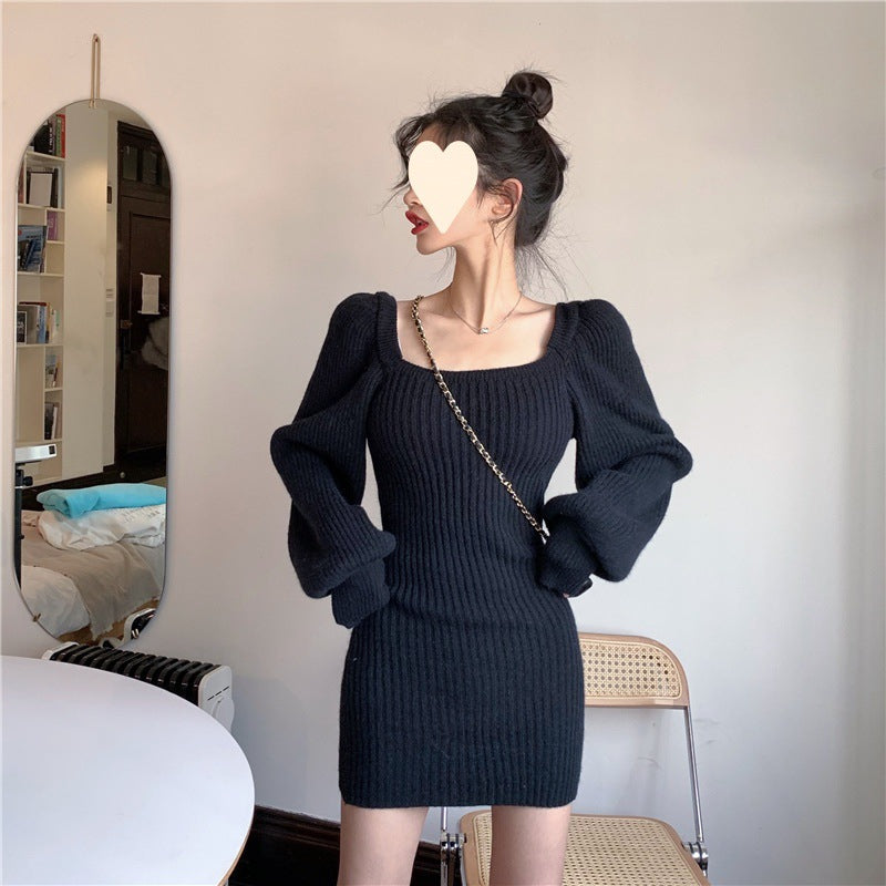 Womens Solid-Color Fashion Square-Neck Sweater Dress