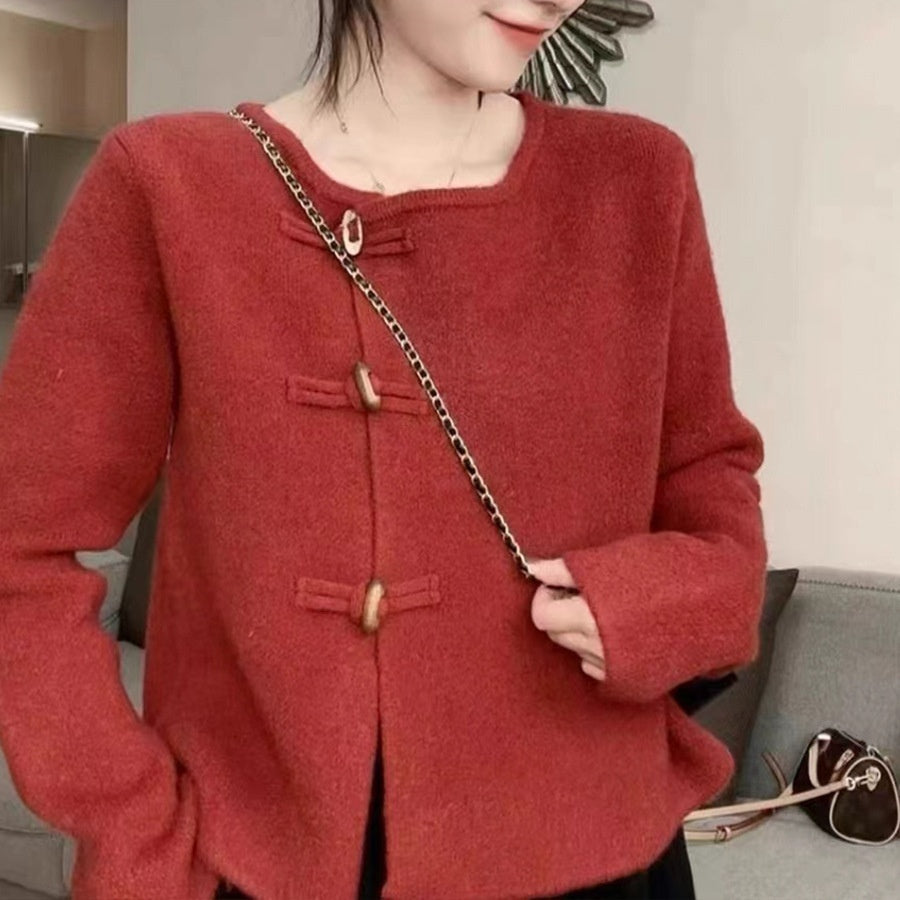 Round Neck Gentle Temperament Horn Button Sweater Coat