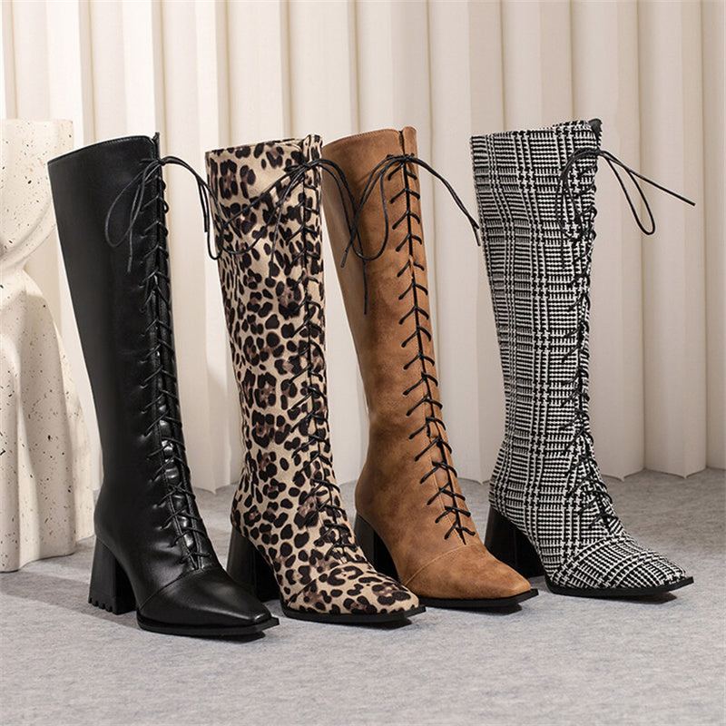 Leopard Print Boots With Pointed Toes And Thick Heels