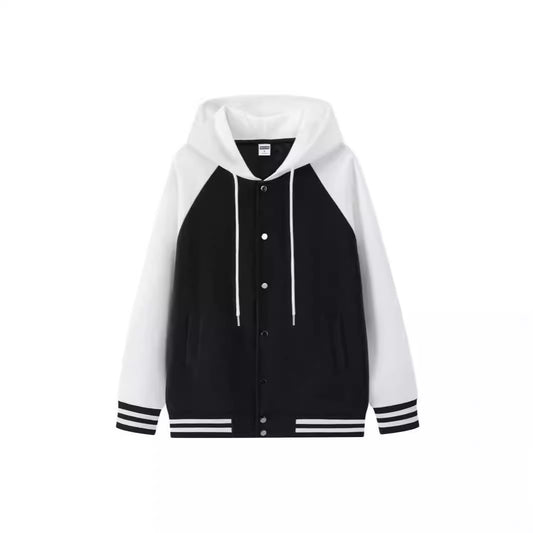 Trendy Cozy Cotton Color-blocked Loose-fitting Hooded Baseball Jacket For Fall And Winter