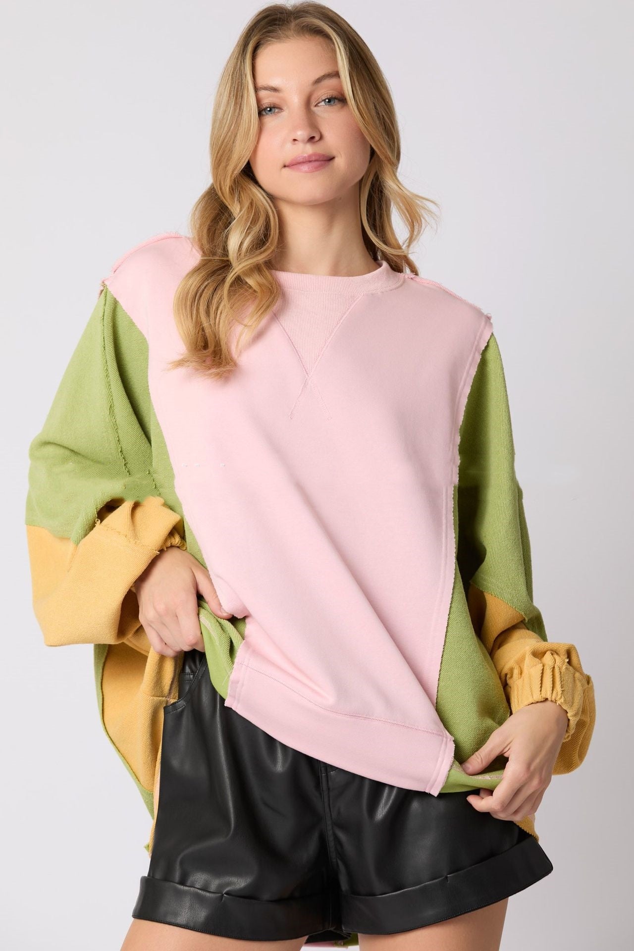 Dame Langærmet Rundhalset Top med Kontrastfarver Afslappet Løs Sweatshirt