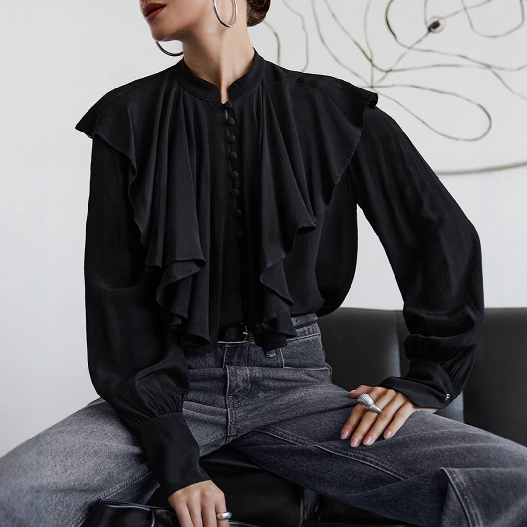 Paladsstil Drapperet Flæsetop Elegant Løs Sort Dametøj