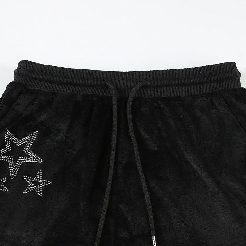 Drilling Low Waist Drawstring Patchwork Slimming Casual Pants