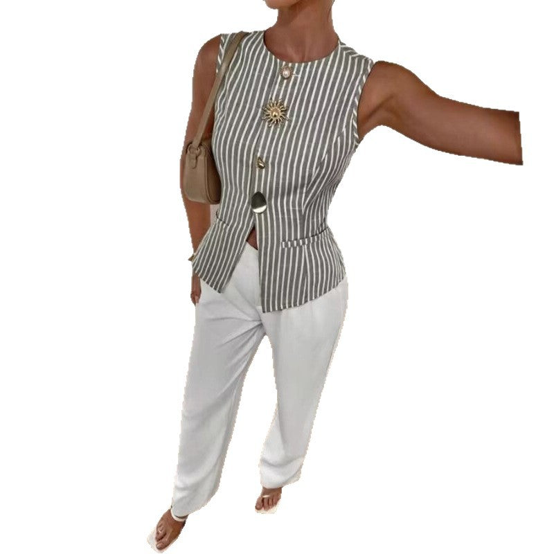 Striped Single-Breasted Vest Fashionable Round-Neck Irregular-Button Tank Top