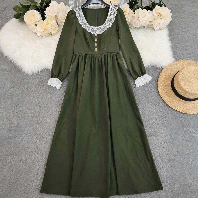 Lace-trimmed Long-sleeve Maxi Dress For Women