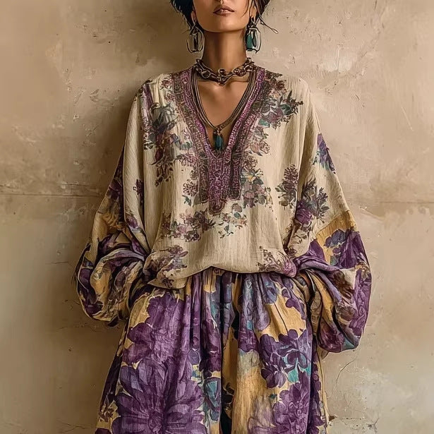 Retro Positioning Floral Women's Loose Casual Suit