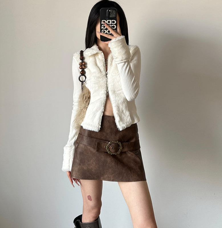 Double-sided Zipper Cardigan With Lapel And Furry Patch Long Sleeve Top