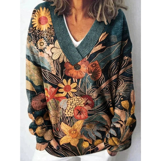 Langærmet pullover til kvinder med 3D digitalt blomsterprint