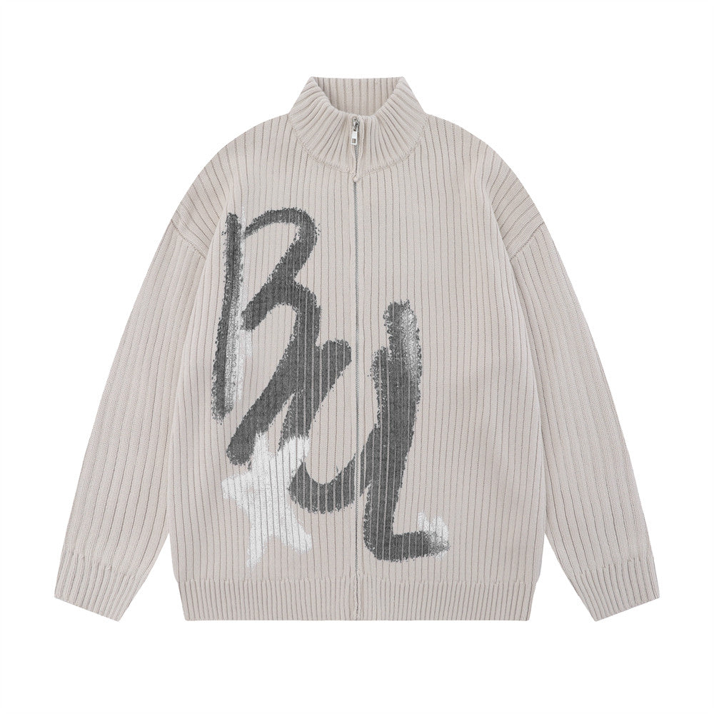 Mænds strikkede cardigan med løs rullekrave og alfabet-graffiti-print – efterårs/vinterfrakke