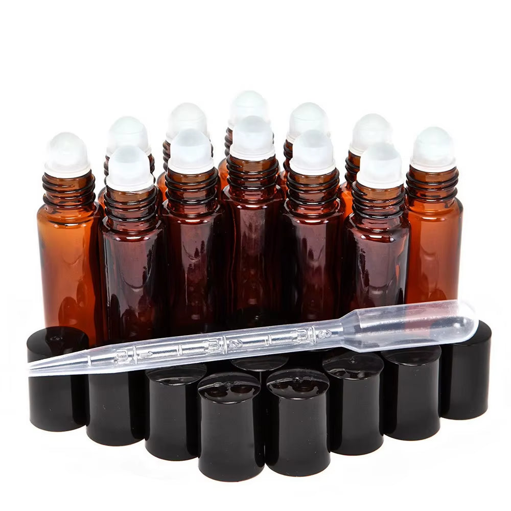 12Pcs 10Ml Amber Empty Refillable Glass Perfume Roll on Bottle with Stainless Steel Roller Ball for Essential Oil Aromatherapy