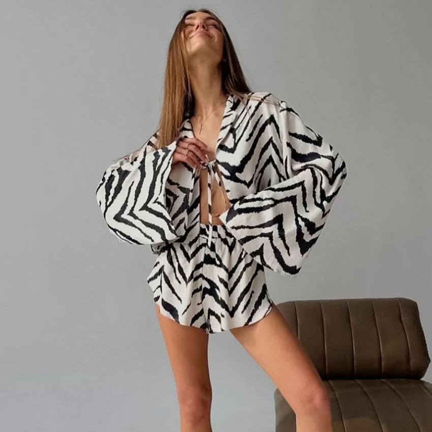 Womens Printed Long Sleeve Shorts Pajama Set Loose And Comfortable Perfect As Loungewear Or Even For Wearing Outside