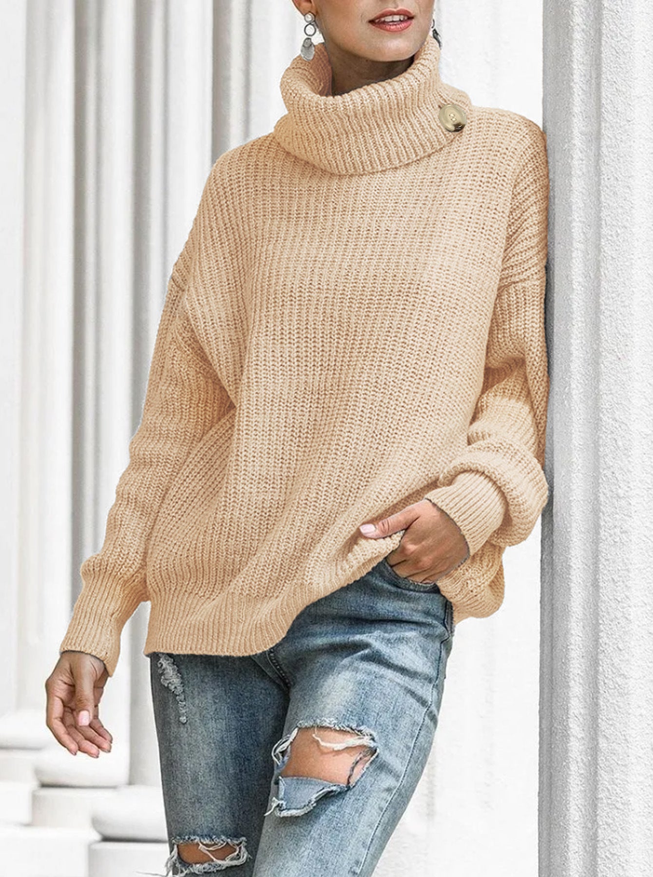 Autumn And Winter New Button Knitted Pullover Turtleneck Sweater