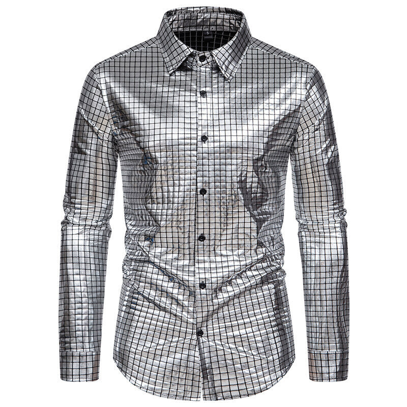 Plaid Bronzing Printed Stage Costume European Size Men's Long-sleeved Shirt