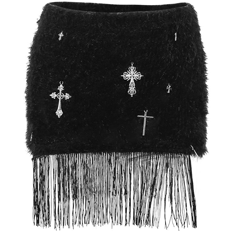 Women's High Waisted Cross Printed Fringed Skirt
