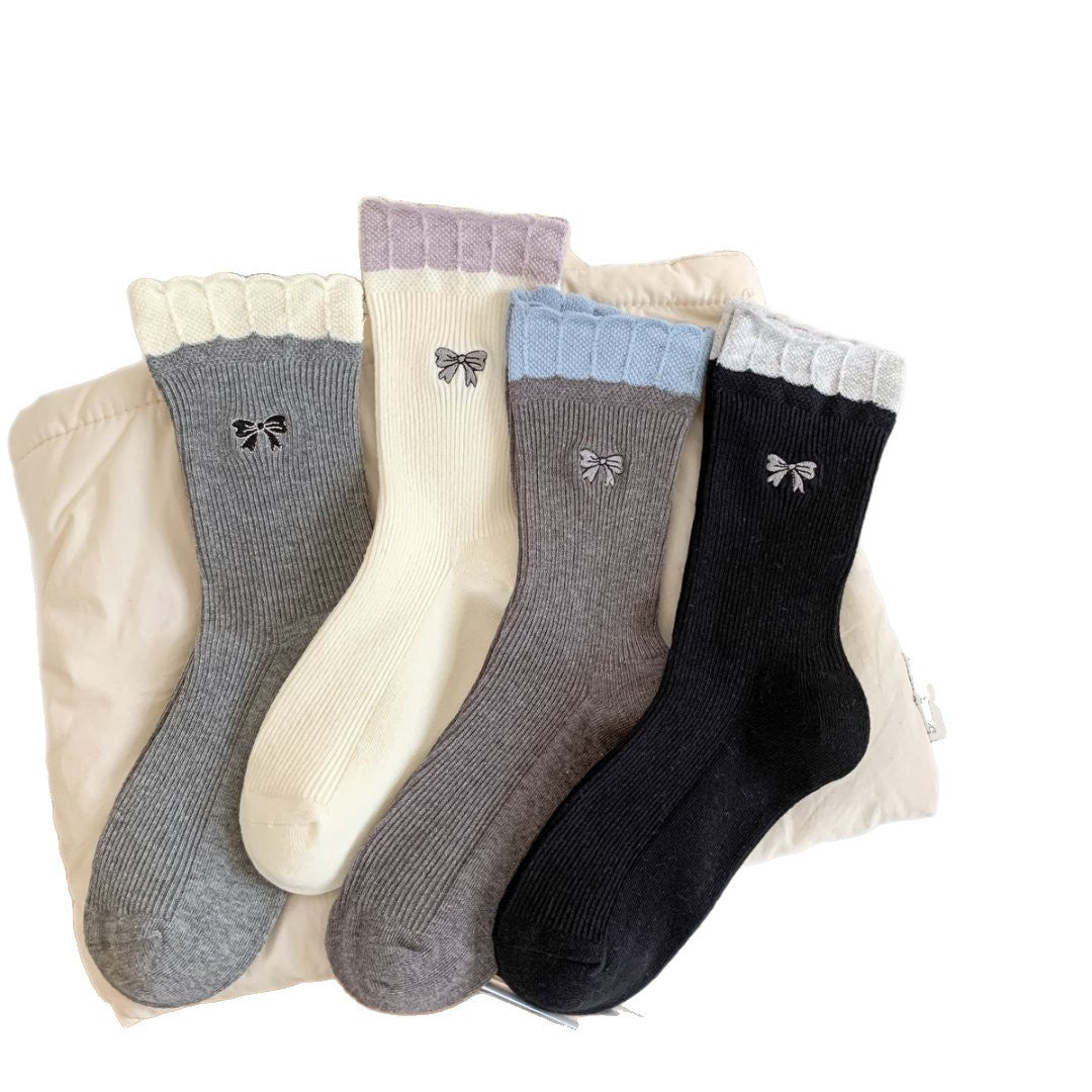 Autumn Double-Needle Petal Embroidery Colorblock Mid-Calf Socks