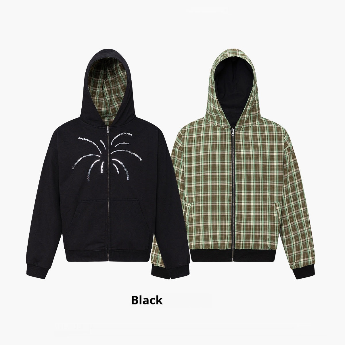 Sequins Hooded Cardigan American Plaid Two-sided Sweater