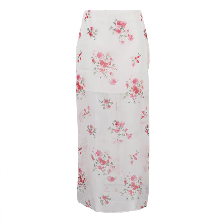 New Digital-print Sheer High-waist Split Skirt