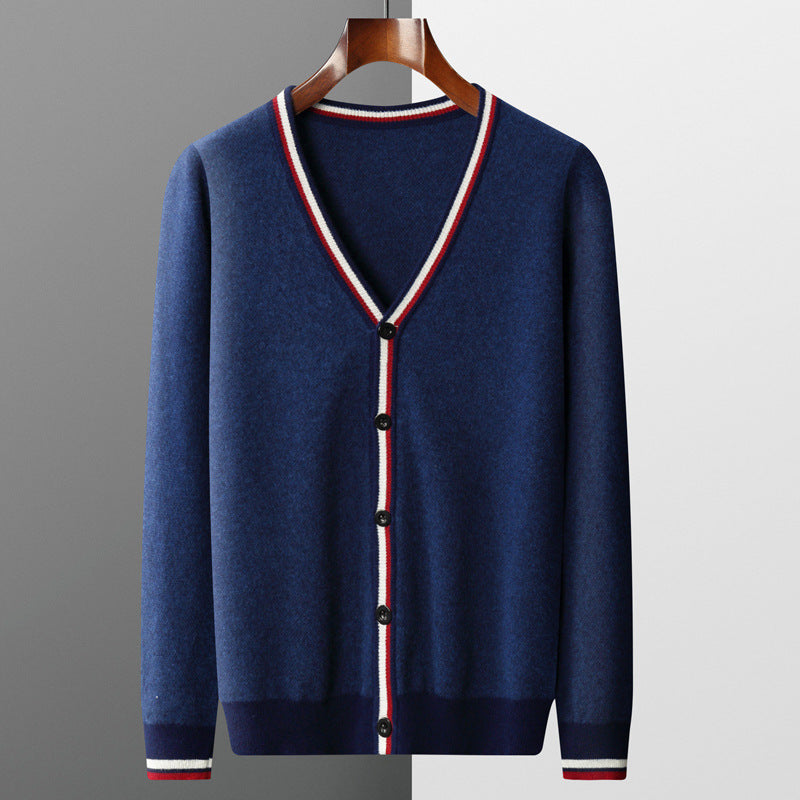 Medium Thick Color Stripes Color Contrast Short Long Sleeve Wool Cardigan