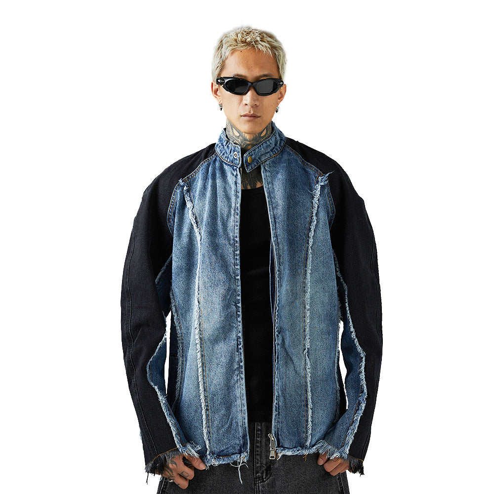 Heavy Industry Distressed Cat Raw-cut Edges Color Matching Machete Sleeve Wash Stand Collar Denim Coat